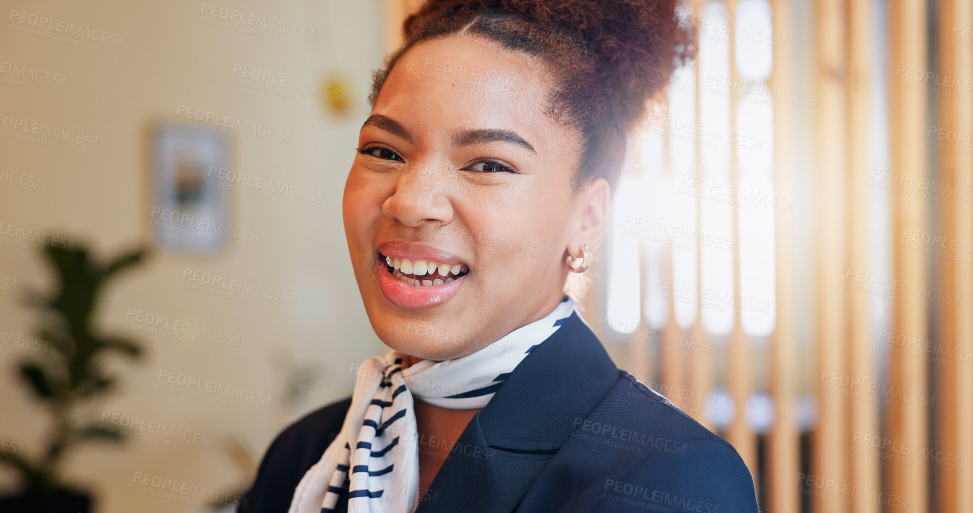 Buy stock photo Hotel, happy and portrait of woman at reception for welcome, travel booking or luxury accommodation. Smile, face and receptionist at front desk for check in at hospitality service with confidence