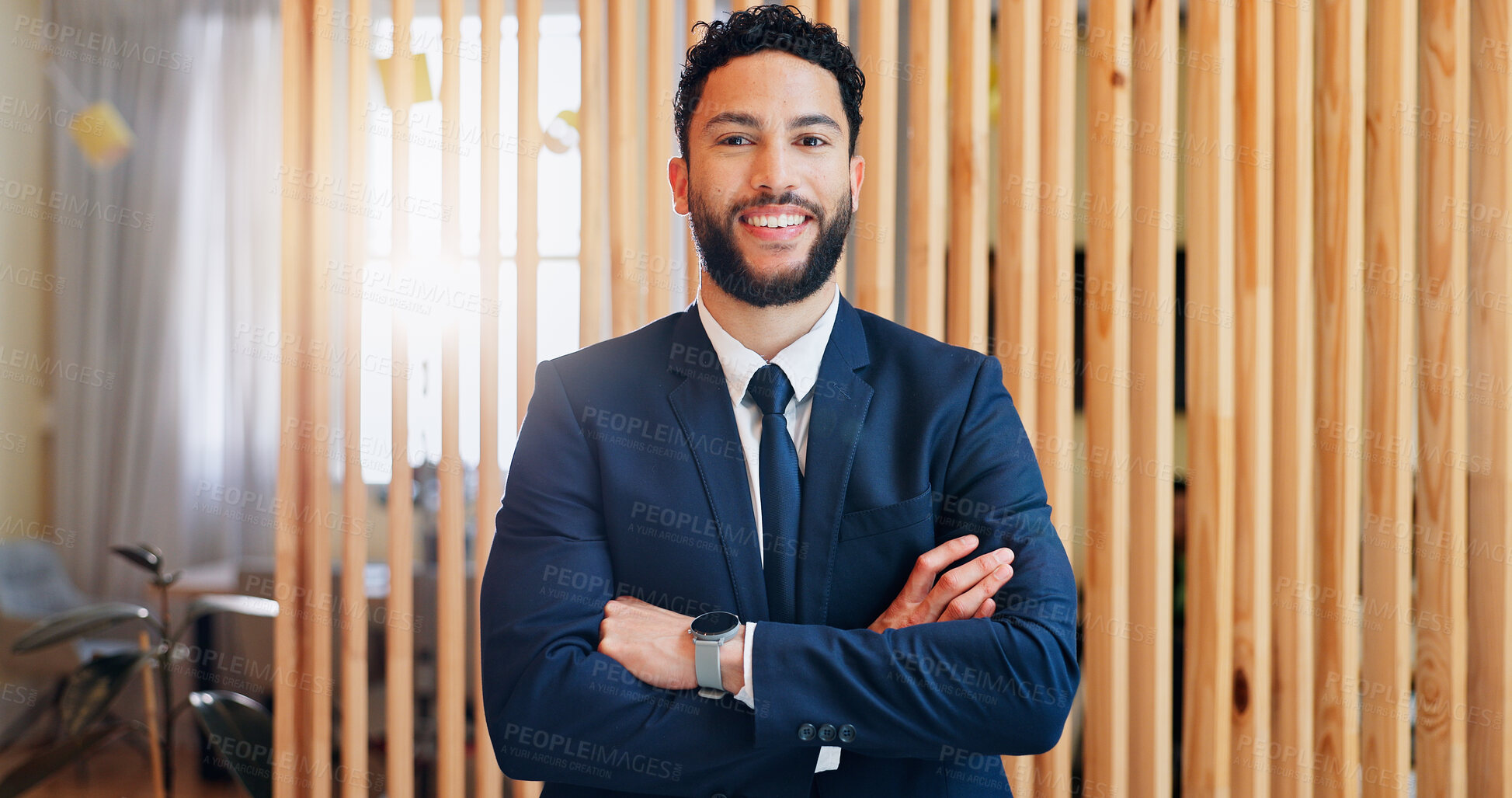 Buy stock photo Hotel, happy and portrait of man at reception for welcome, travel booking or luxury accommodation. Smile, face and receptionist at front desk for check in at hospitality service with arms crossed