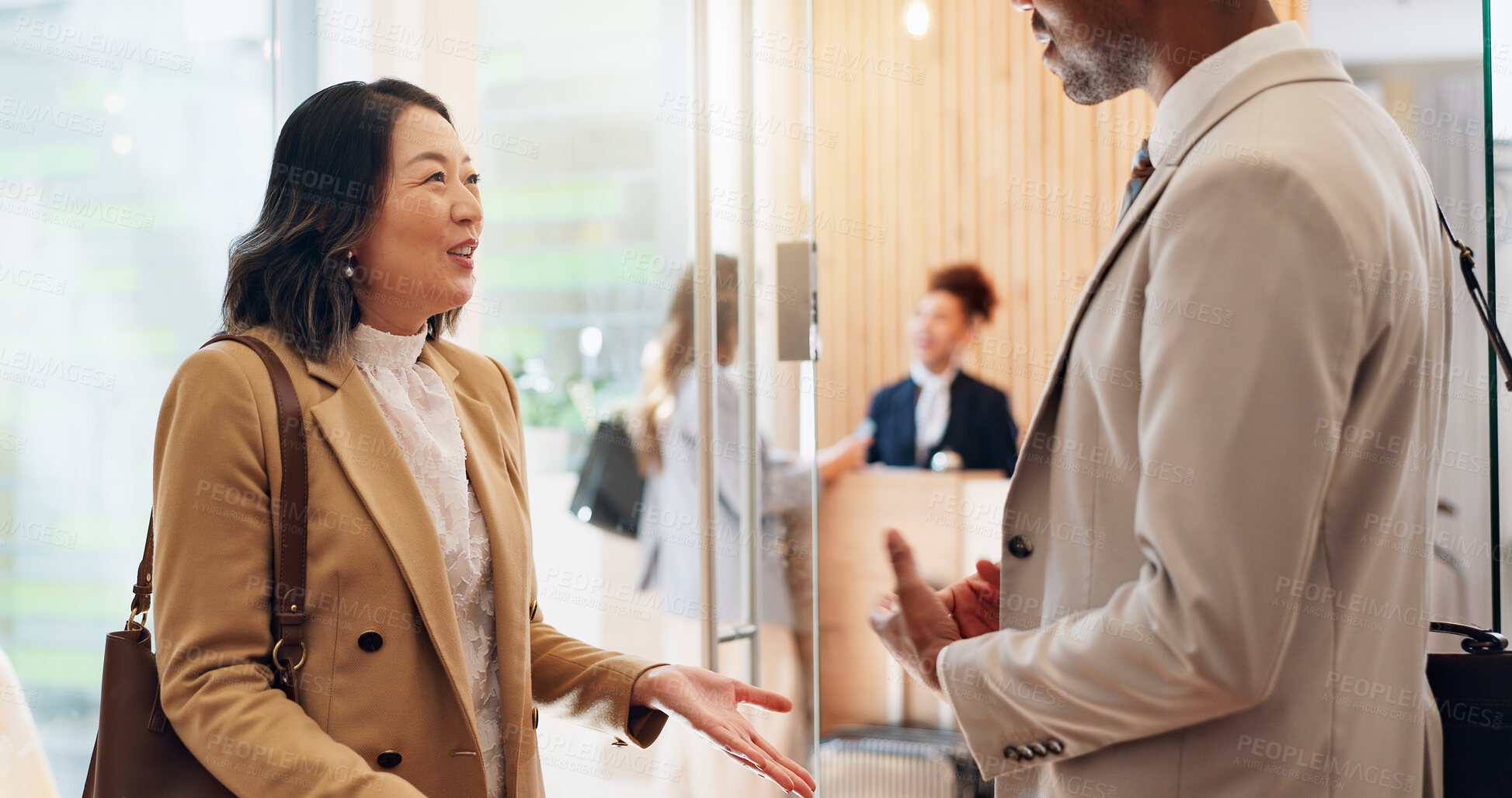 Buy stock photo Business people, discussion and team in hotel lobby for meeting, brainstorming or travel reservation. Collaboration, smile or employees planning together, work or supervision with hospitality manager