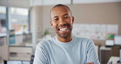 Buy stock photo Portrait, smile and black man as interior designer in workplace, real estate and property renovation. Confident, male decorator and consultant of apartment design, startup career and creative agency 
