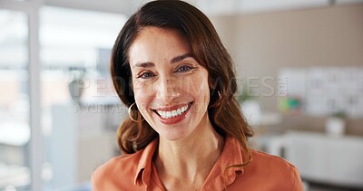 Buy stock photo Portrait, smile and woman as interior designer in workplace, real estate and property renovation. Confident, female decorator and consultant with apartment design, startup career and creative agency 