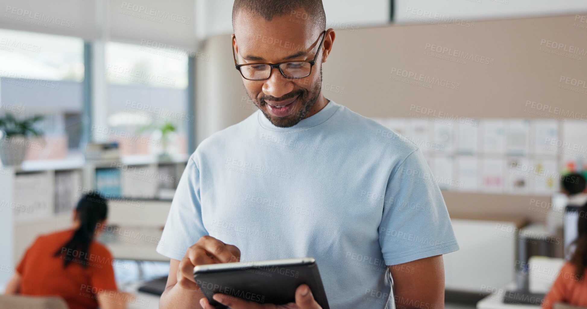 Buy stock photo Business people, journalist and man in newsroom, tablet or typing with research for proposal. Employees, writer or magazine editor in newsroom, tech or ideas with connection, website info or editor