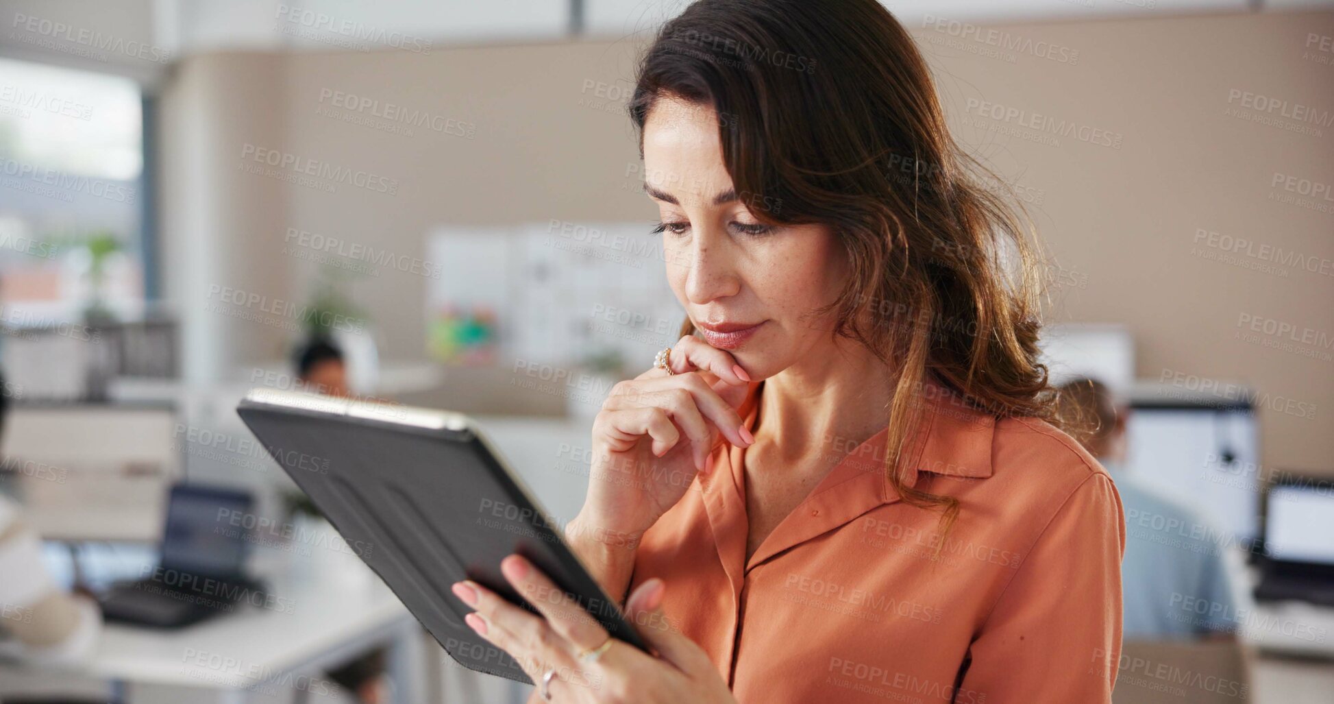 Buy stock photo Business people, journalist and woman with tablet, thinking and ideas with research for story. Employees, creative or magazine editor in newsroom, tech or internet with email for article and solution