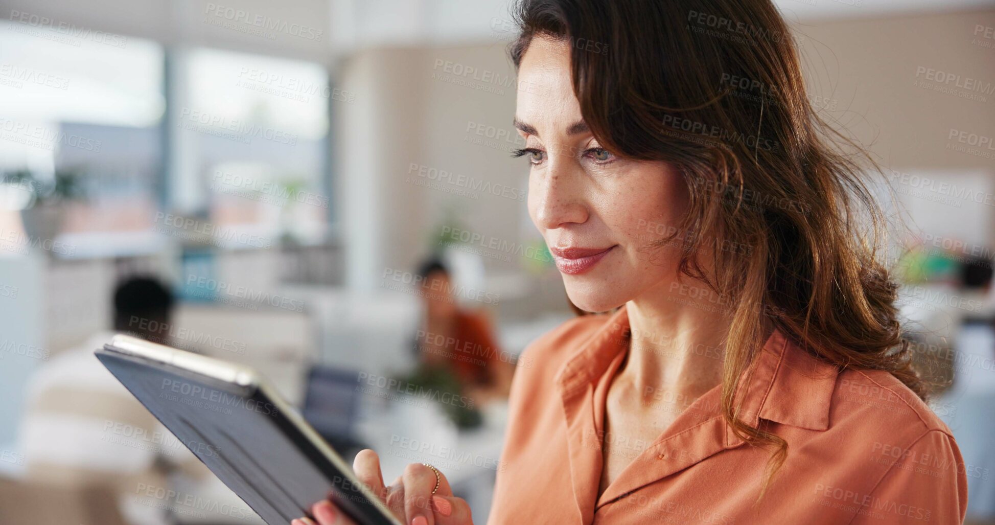 Buy stock photo Employees, journalist and woman with tablet, internet and thought with research for press release. Investigator reporter, article or editor in newsroom, technology and online reading for crime report