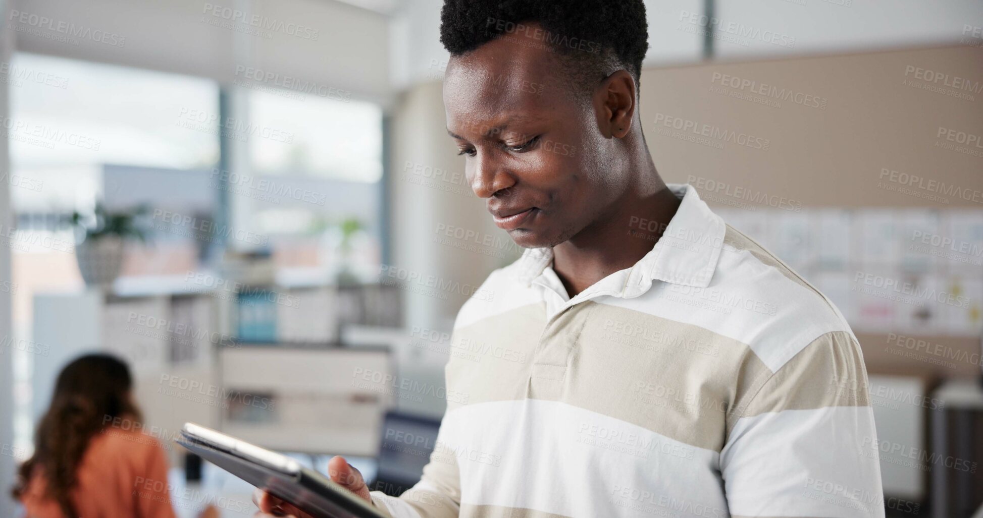 Buy stock photo Tablet, black man and student in classroom for research online studying for test at college. Reading, technology and African male person with digital notes for learning in lecture for university exam