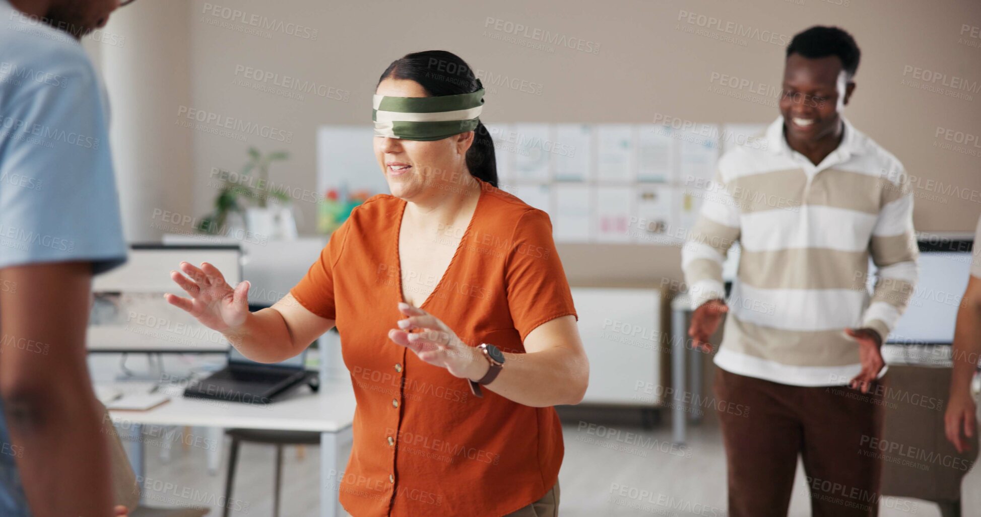Buy stock photo Blindfold, team building and trust with business people in office for communication skills development. Coordination, directions or instructions with employee group in creative workplace for bonding