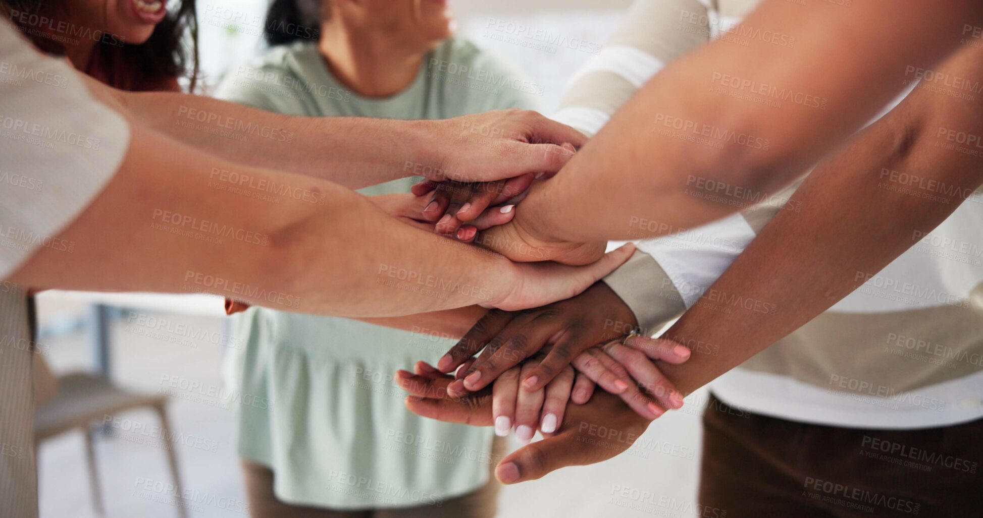 Buy stock photo Office, business people and huddle with hands for motivation, team building and support for startup. Collaboration, employees and designers with stack for agreement, solidarity and goals by closeup
