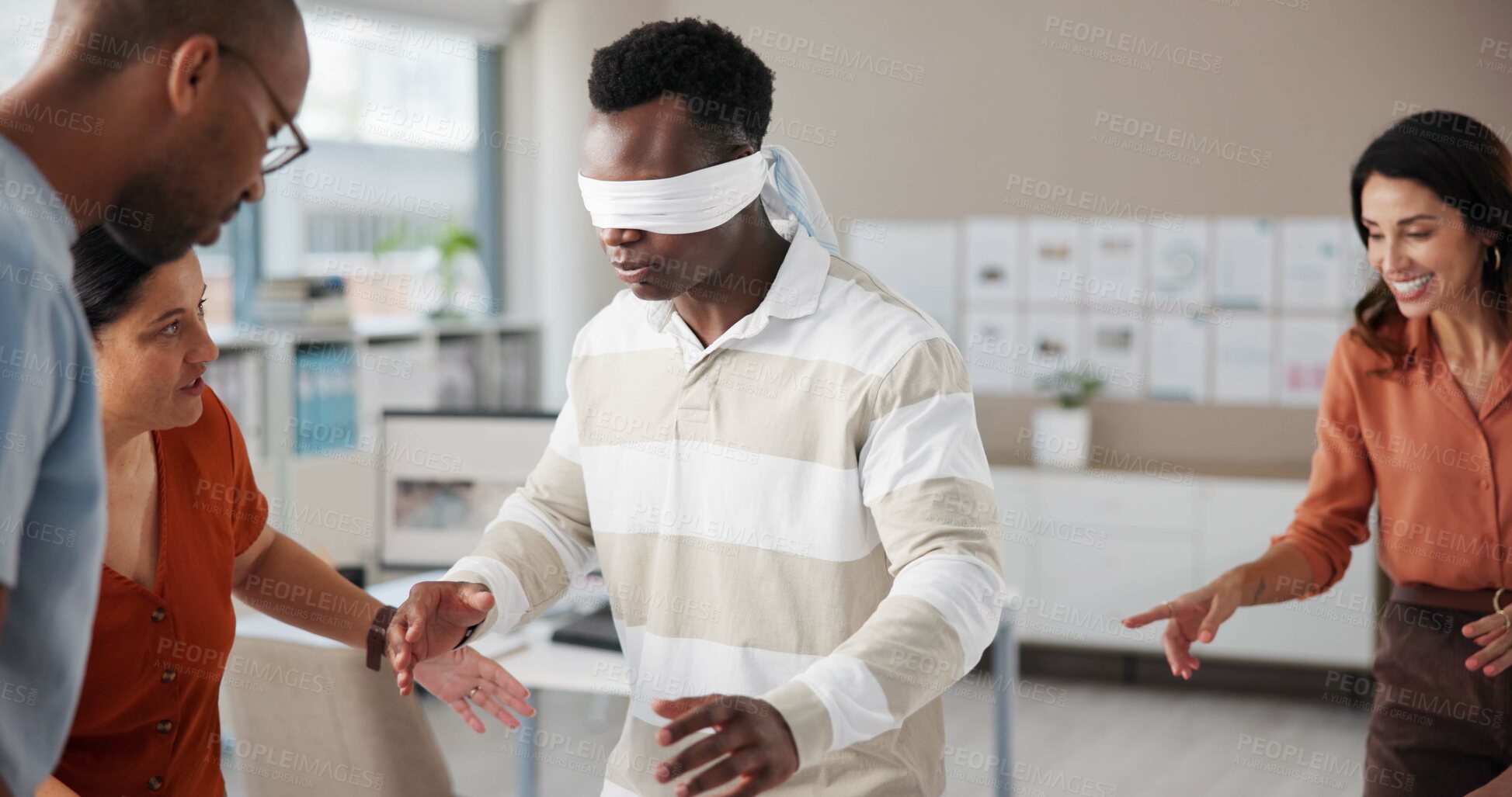 Buy stock photo Blindfold, coordination and team building with business people in office for communication skills development. Directions, instructions or trust with employee group in creative workplace for bonding