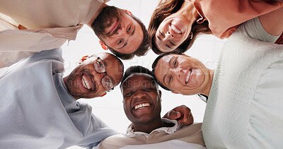 Buy stock photo Below, portrait and business people in huddle for teamwork, creative collaboration and diversity in office. Design group, circle and happy in agency for support, solidarity and synergy in workplace