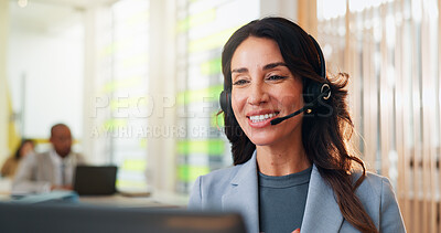 Buy stock photo Business, telemarketing and woman in office, smile and tech support with advice. Person, consultant and employee in workplace, headset or communication with customer service, help desk or call center