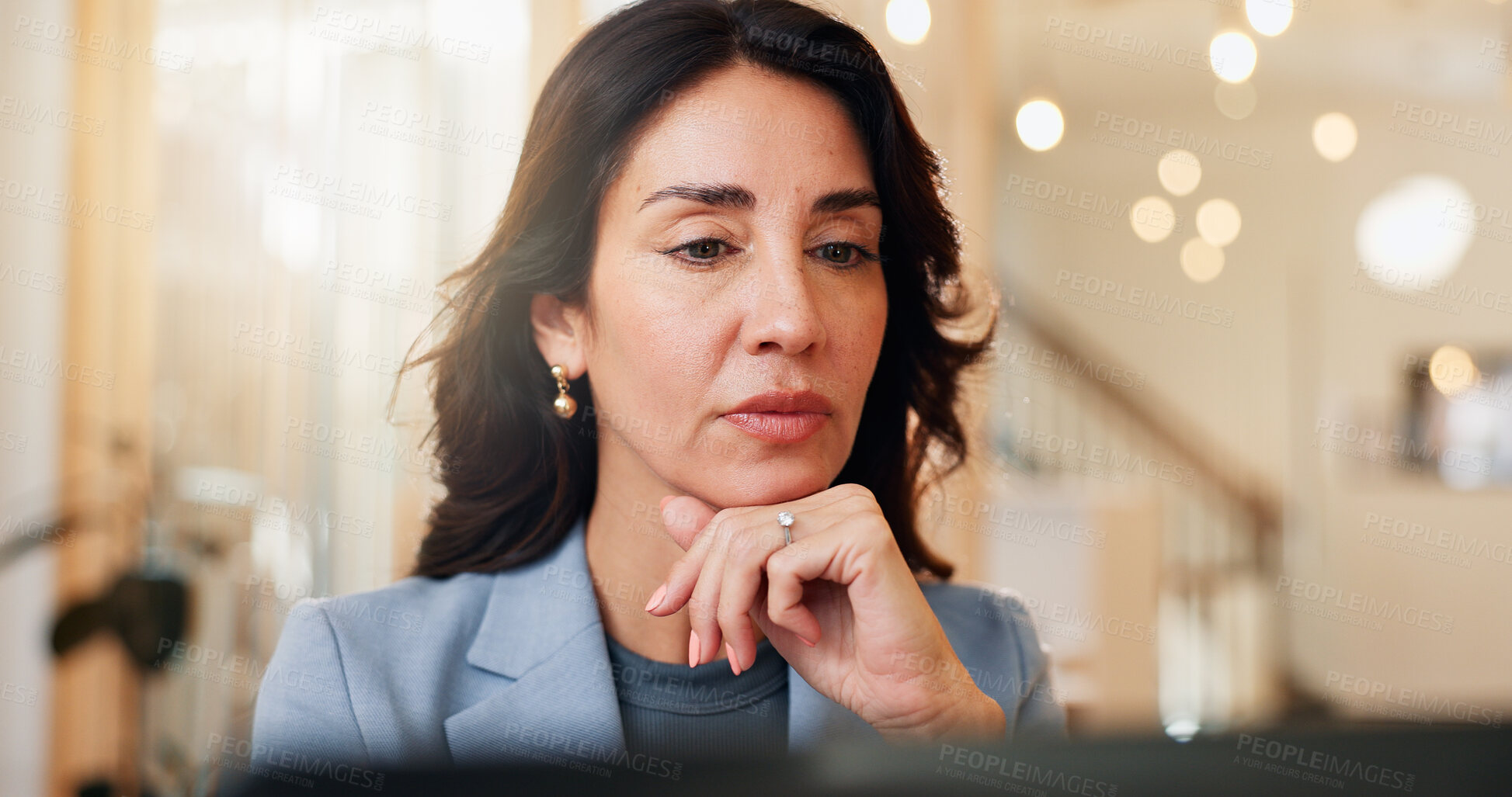 Buy stock photo Face, laptop and thinking with business woman at desk in coworking space for online accounting. Computer, problem solving and review with mature accountant in office for administration or planning