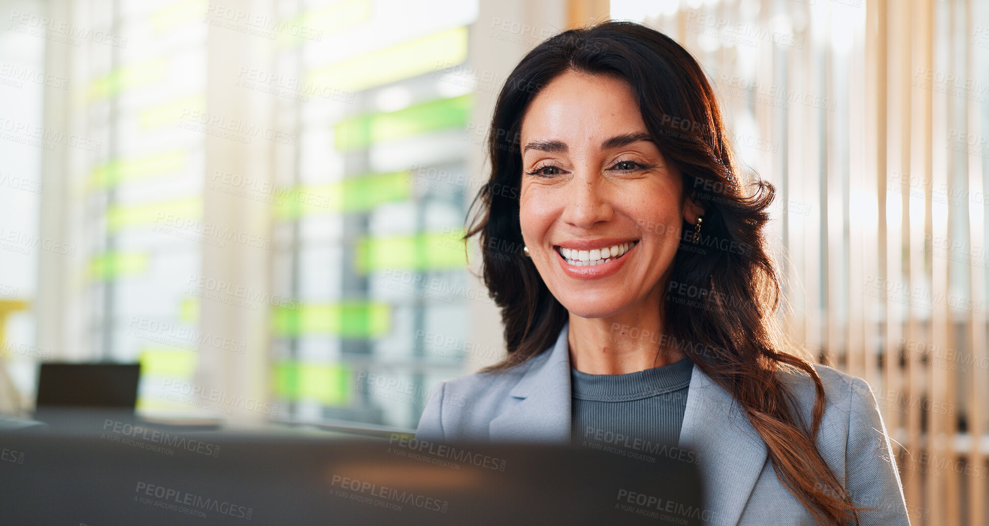 Buy stock photo Finance, laptop and smile with business woman at desk in coworking space for online accounting. Computer, review and satisfaction with happy mature accountant in office for administration or planning