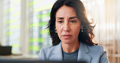 Buy stock photo Face, finance and laptop with business woman at desk in coworking space for online accounting. Computer, planning and problem solving with mature accountant in office for administration or review