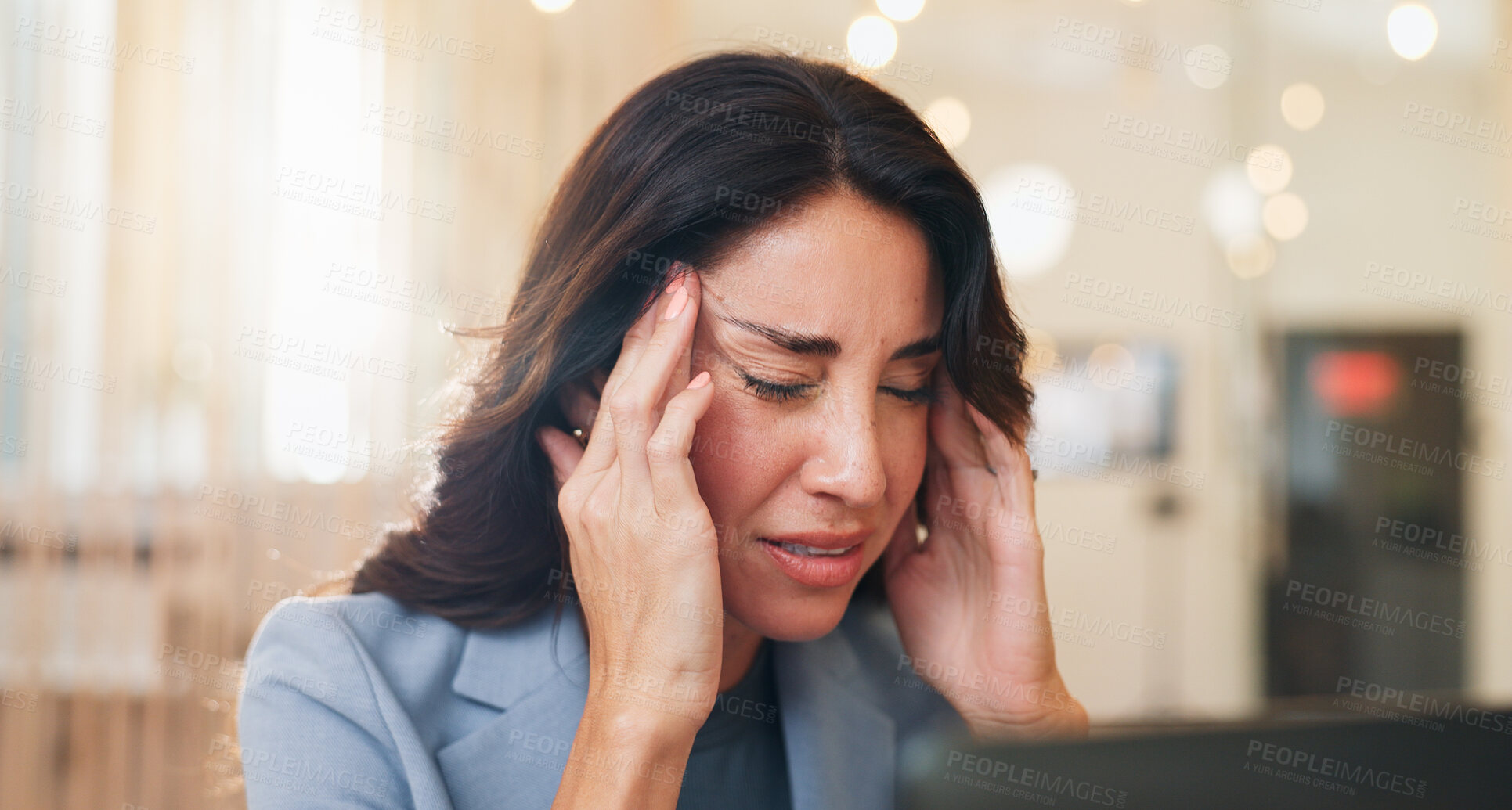 Buy stock photo Business, laptop and woman with pain, headache and overworked with burnout. Person, accountant and employee in office, migraine and glitch with stress, health crisis and tension with temple pressure