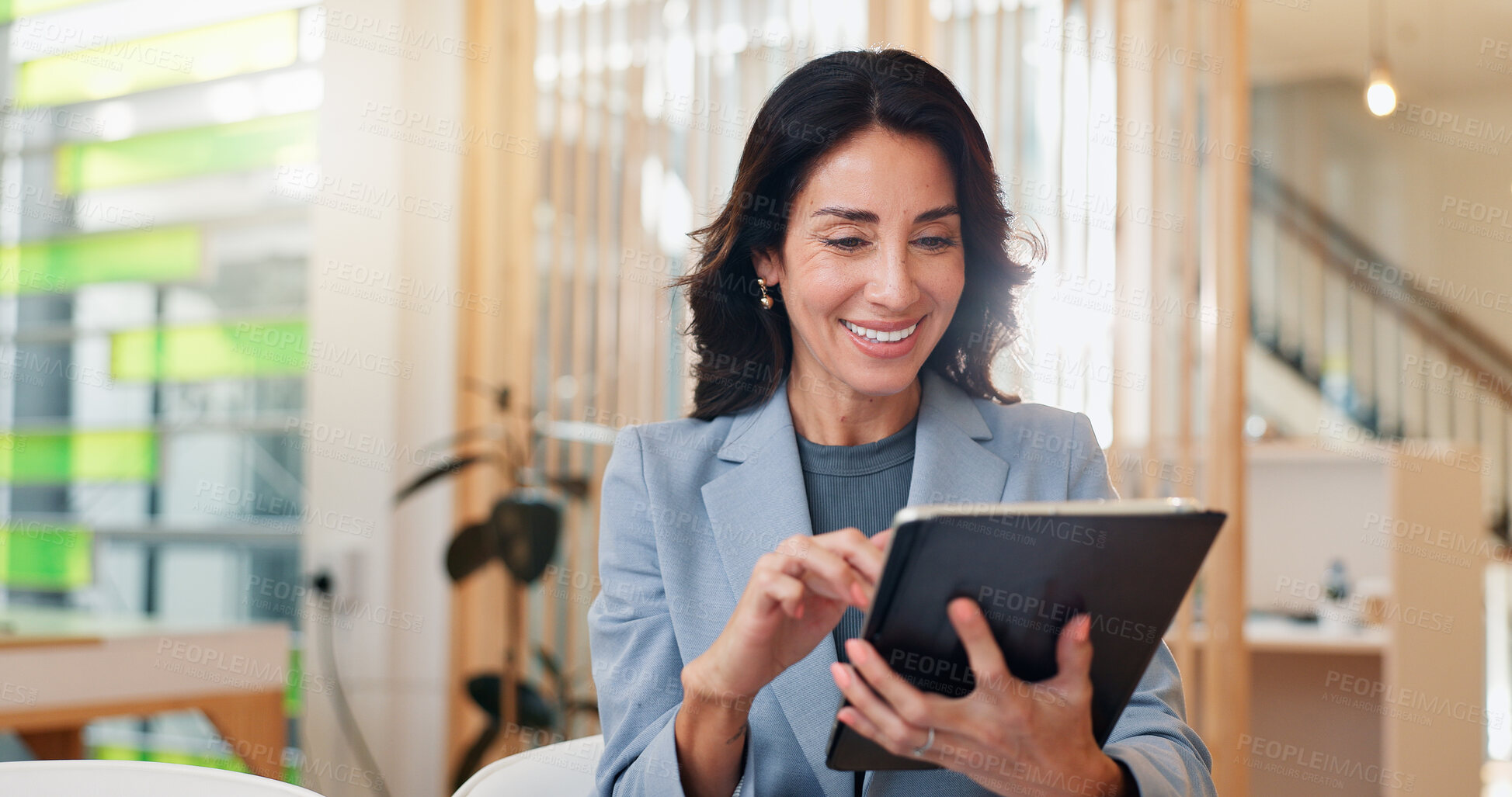 Buy stock photo Happy, business woman and browsing with tablet for hotel reservation, booking or schedule at resort. Female person, secretary or conciege with smile on technology for online service at luxury lodge