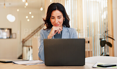 Buy stock photo Finance, laptop and smile with business woman at desk in coworking space for online accounting. Computer, review and thinking with happy mature accountant in office for administration or planning