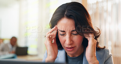 Buy stock photo Business, laptop and woman with burnout, headache and overworked with pressure. Person, consultant and employee in office, migraine or health crisis with stress, temple tension and tired with fatigue