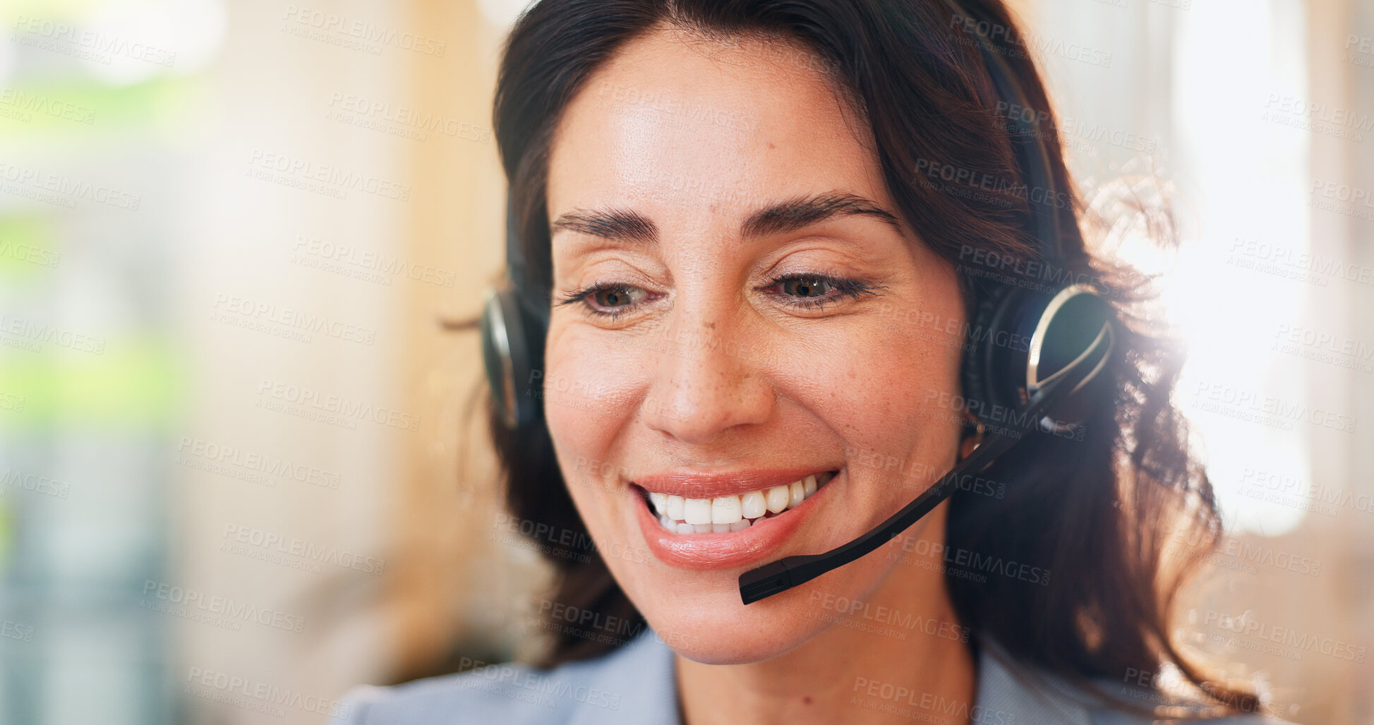 Buy stock photo Business, call center and woman in office, smile and telemarketing with advice. Person, insurance consultant and employee in workplace, headset and communication with customer service or tech support