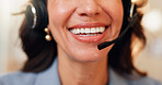 Closeup, call center and woman in office, smile and telemarketing with help desk. Person, consultant and employee in workplace, headset and speciailst with customer service, expert or tech support