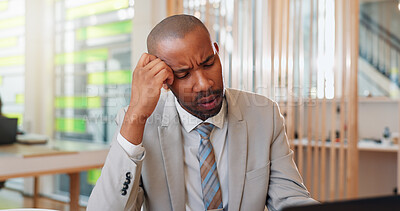 Buy stock photo Business, pain and black man with pressure, headache and overworked with tension. African person, consultant and employee in modern office, migraine and health crisis with stress, fatigue and tired