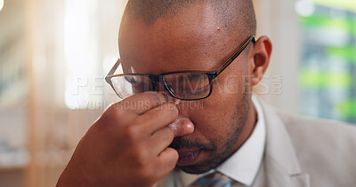 Buy stock photo Anxiety, glasses and headache with business black man in office for burnout, crisis or mistake. Fail, pain or stress and professional employee in corporate workplace with brain fog or eye strain