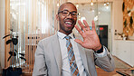 Black man, wave and portrait in office for video call, welcome and virtual meeting. Business, financial advisor and glasses in agency for introduction, online consultation and webinar POV with smile
