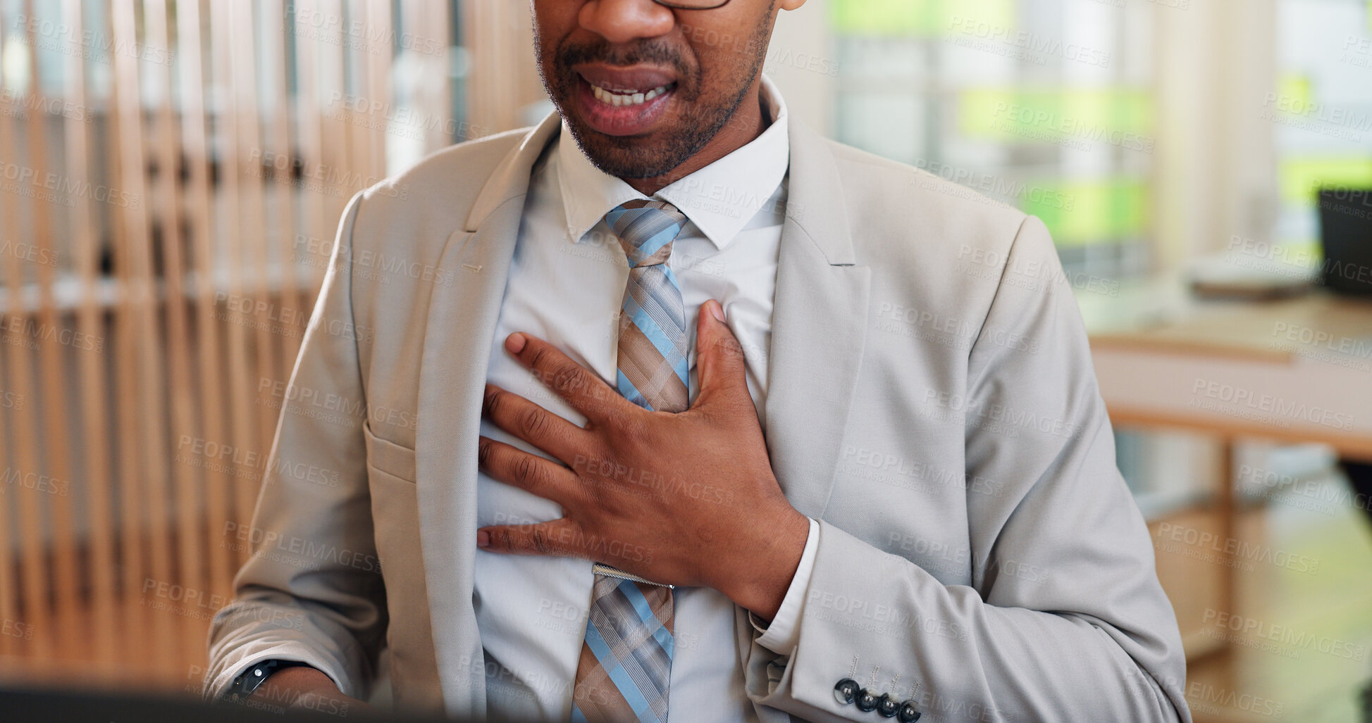 Buy stock photo Hand, business man and chest pain, heart attack and sick with breathing problem in corporate office. Stress, cardiac arrest and person with pressure, health risk and heartburn illness in emergency