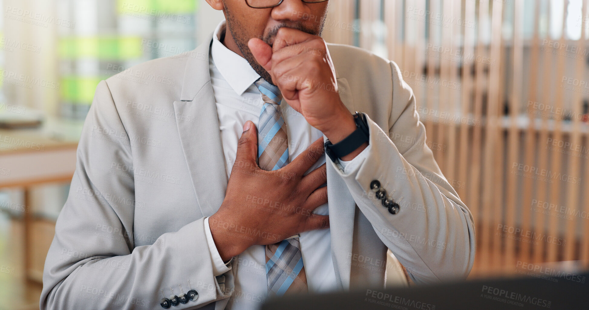 Buy stock photo Cough, hands and business man with chest pain, sick or virus infection in corporate office. Breathing problem, health and person with illness, bacteria allergy and employee with asthma attack or flu