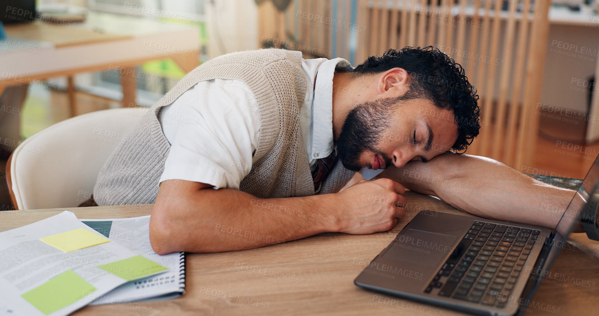 Buy stock photo Burnout, deadline and sleep with business man at desk in office for break, recovery or rest. Documents, fatigue and laptop with exhausted employee in coworking space for administration report