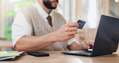 Buy stock photo Man, hands and credit card at laptop for business, ecommerce and info for purchase. Accountant, computer and plastic in office for finance management, online sale or payment for software subscription