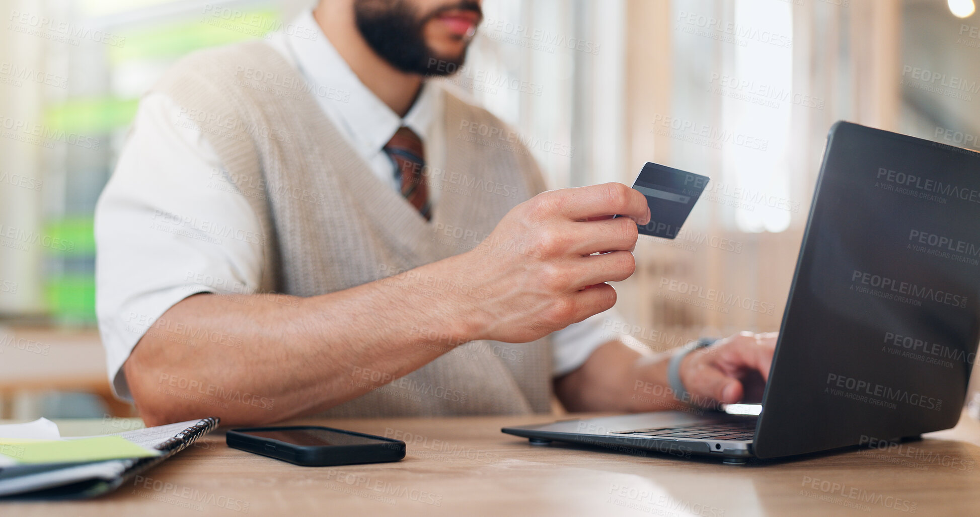 Buy stock photo Man, hands and credit card at laptop for business, ecommerce and info for purchase. Accountant, computer and plastic in office for finance management, online sale or payment for software subscription