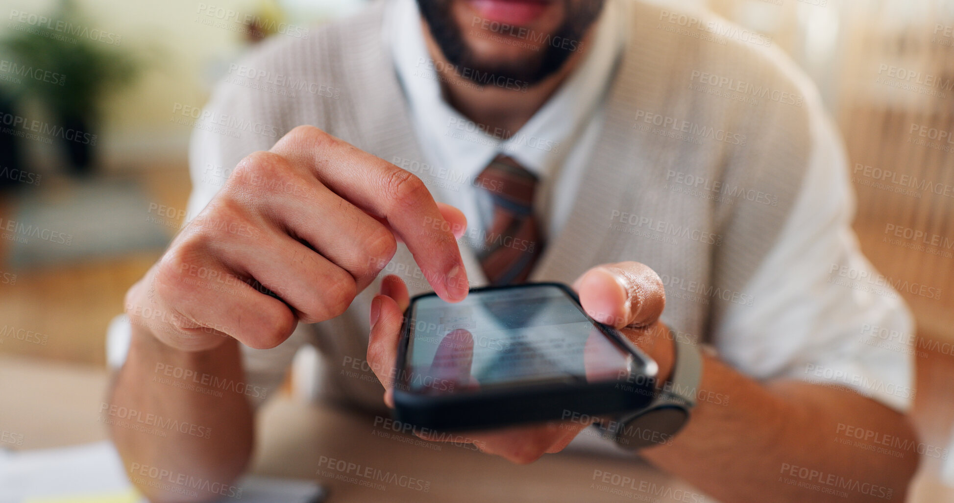 Buy stock photo Hands, phone and business person reading on screen for news blog, internet or ebook for information. Online, research and smartphone for scroll on website with article, notification or mobile chat 