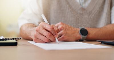 Buy stock photo Documents, hands and writing with business person at desk in office to sign contract or proposal. Agreement, legal and paper with employee in workplace for proofreading or review of application