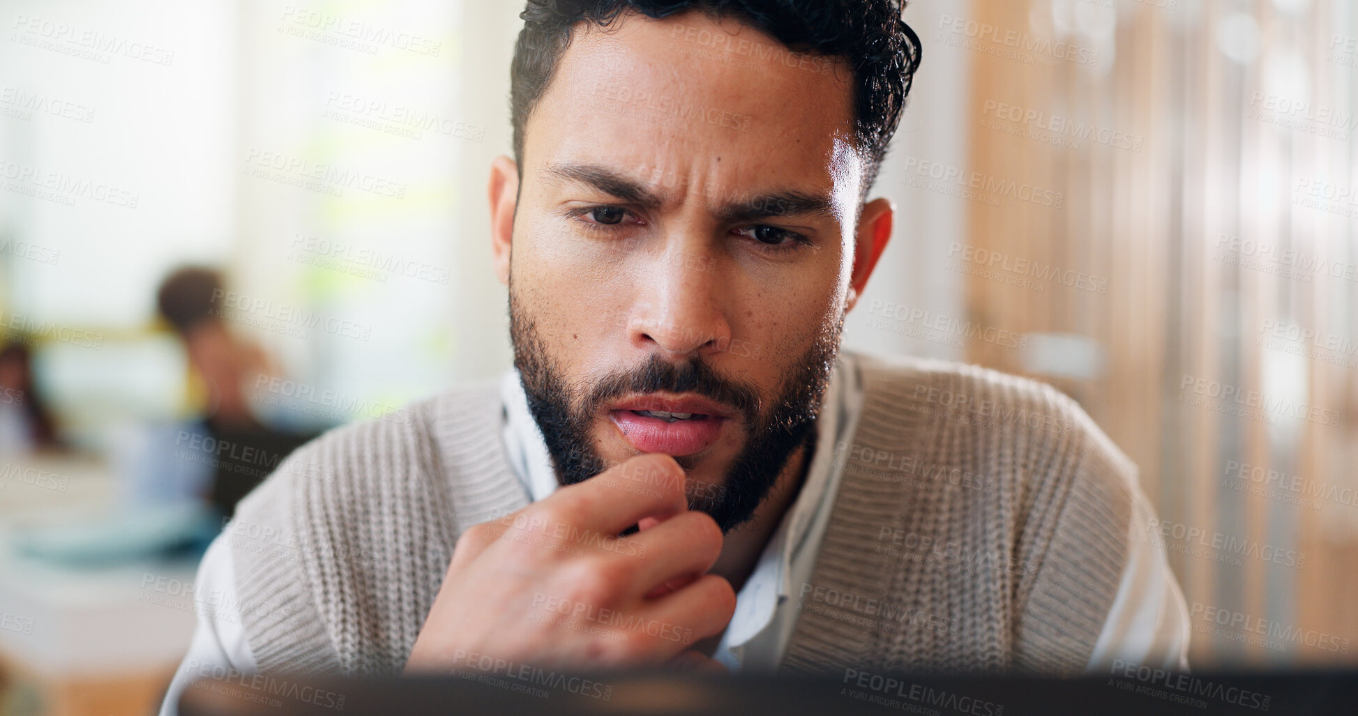 Buy stock photo Laptop, problem solving and thinking with business man in coworking space for planning or research. Confused, doubt and frown with employee in workplace for online administration or reporting
