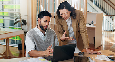 Buy stock photo Collaboration, laptop and problem solving with business people at desk in office for systems training. Assistance, help and question with supervisor talking to employee in workplace for management