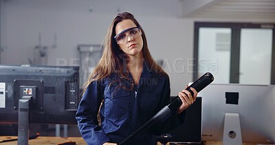 Buy stock photo Portrait, baseball bat and woman in rage room for frustrated, anger management and stress relief. Weapon, safety gear and computer with person in smash center for demolition and cathartic therapy