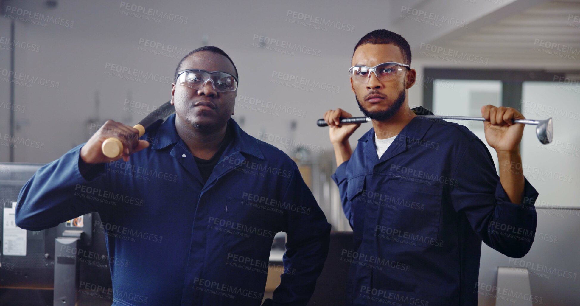 Buy stock photo Portrait, weapon and people in rage room for frustrated, anger management and stress relief. Bat, safety gear and golf club with friends in smash center for demolition, break and cathartic therapy
