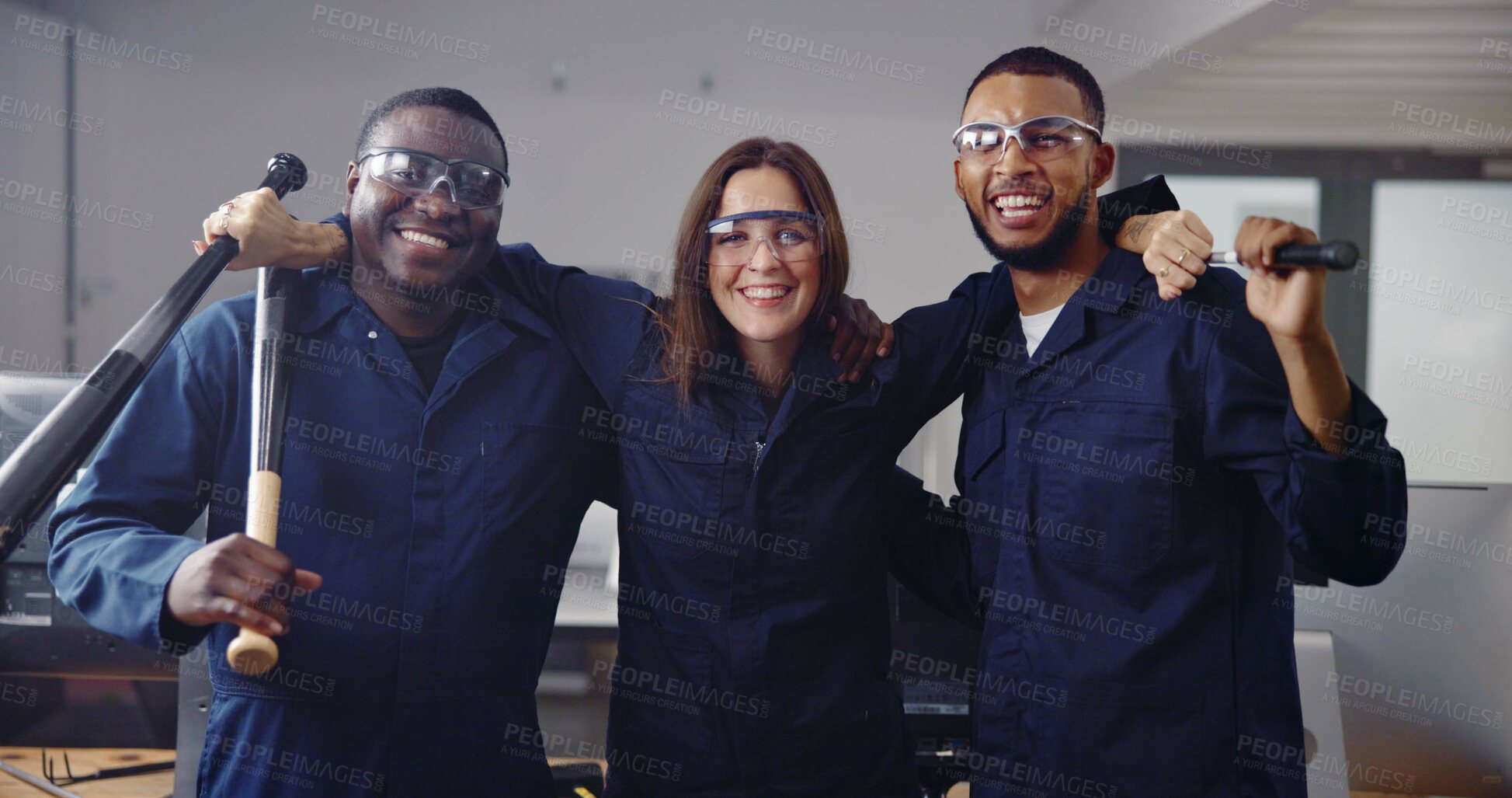Buy stock photo Portrait, weapon and friends in rage room for satisfaction, anger management and stress relief. Bat, safety gear and unwind with people in smash center for demolition success and cathartic therapy