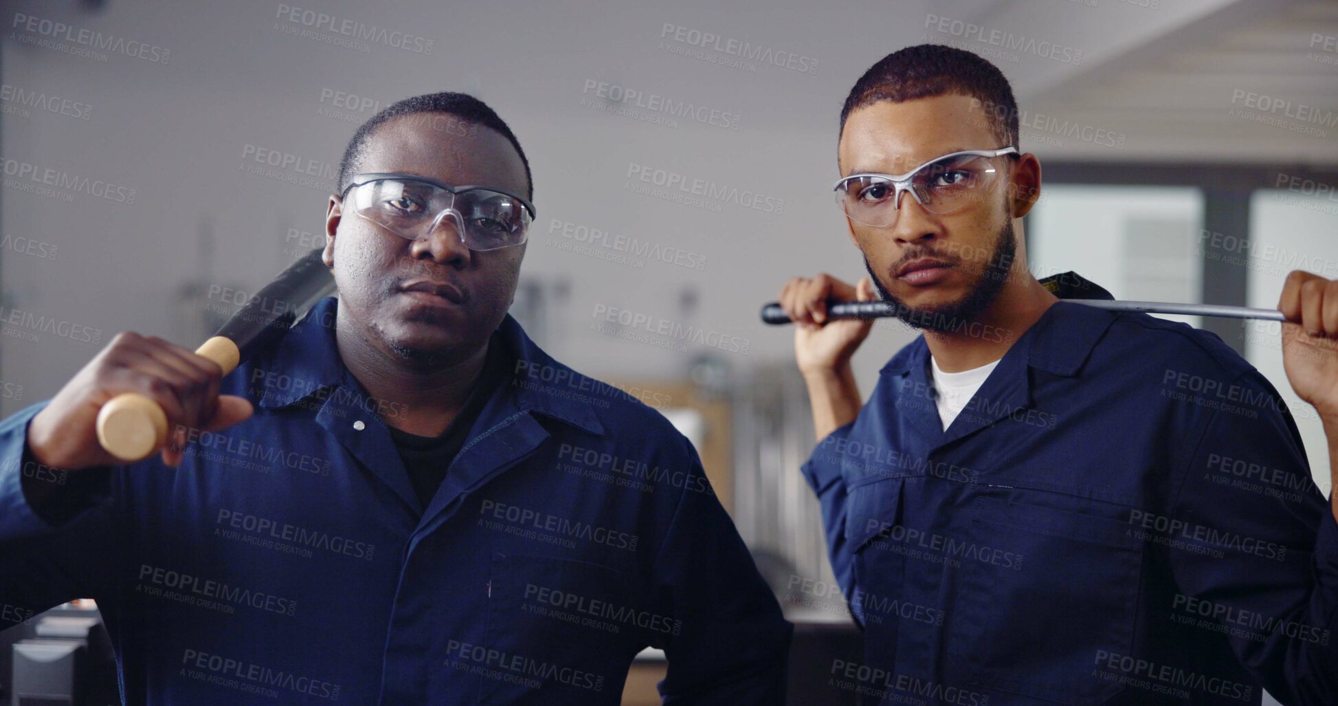 Buy stock photo Portrait, weapon and men in rage room for frustrated, anger management and stress relief. Bat, safety gear and golf club with people in smash center for demolition, break and cathartic therapy