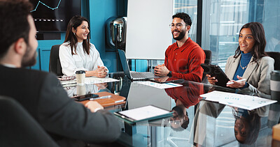 Buy stock photo Happy, business people and meeting with documents for analytics, corporate review or performance report at office. Group, employees or discussion with paperwork for company profit, plan or progress