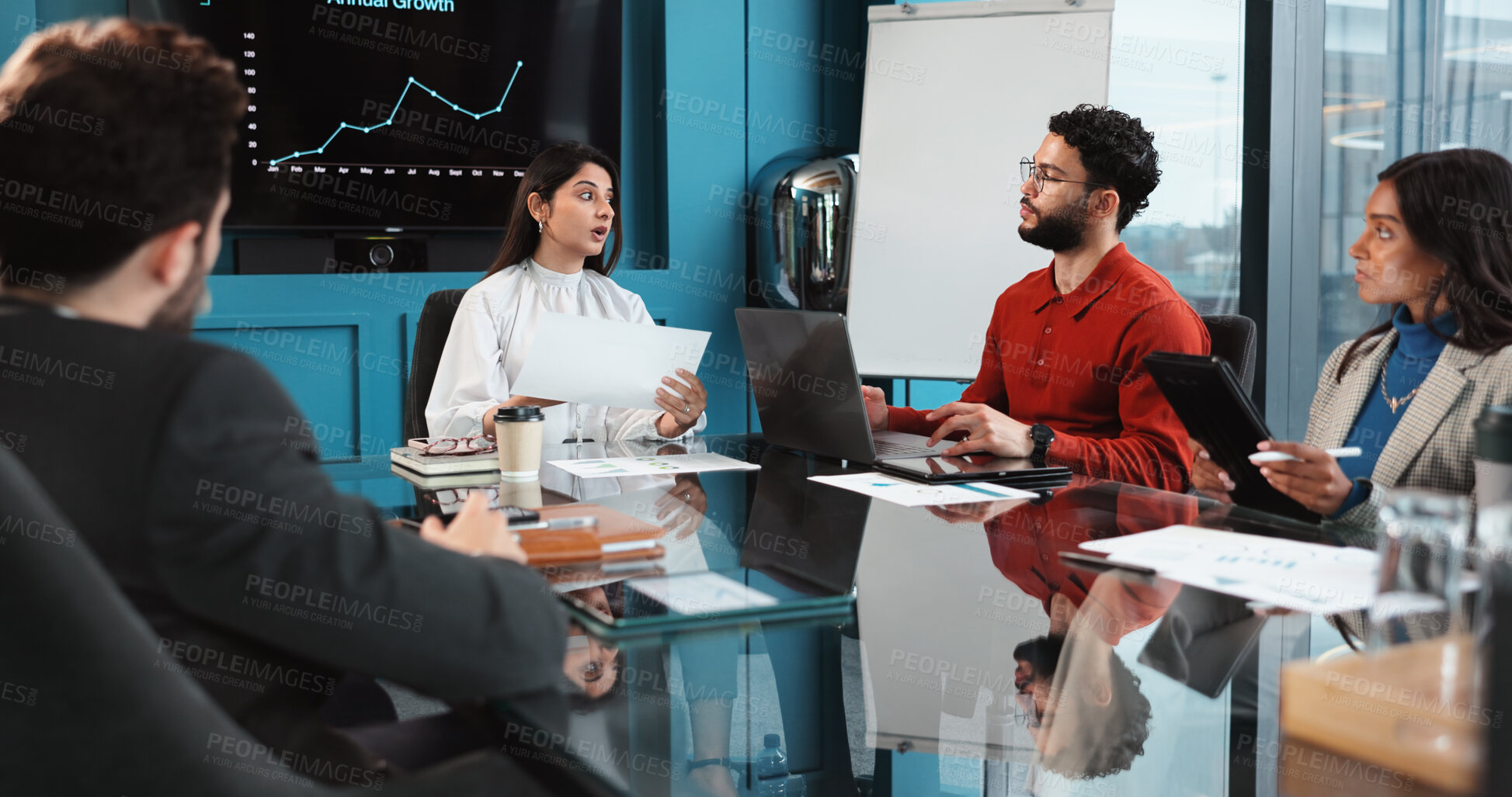 Buy stock photo Business people, screen and meeting with documents for analytics, corporate growth or revenue at office. Group, employees or financial team with paperwork for profit discussion, report or statistics