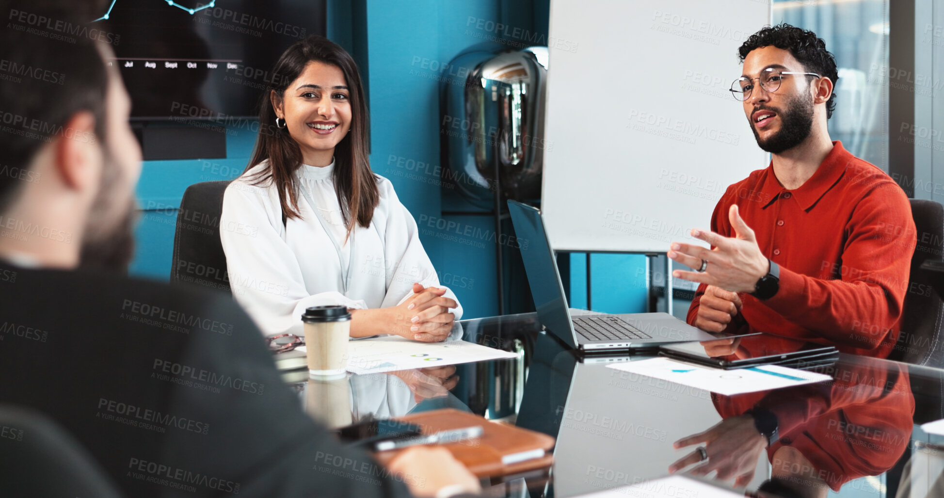 Buy stock photo Happy, business people and discussion with laptop for financial growth, proposal or company progress at office/ Group, employees or financel team with paperwork for profit review or statistics report