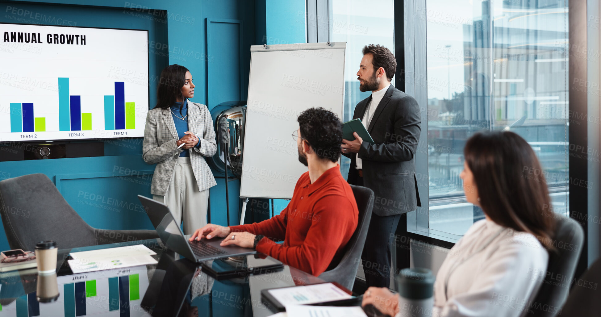 Buy stock photo Finance, presentation and team of business people in meeting, planning and profit growth discussion. Data, group and brainstorming in office, training or coaching with investment metrics or analysis