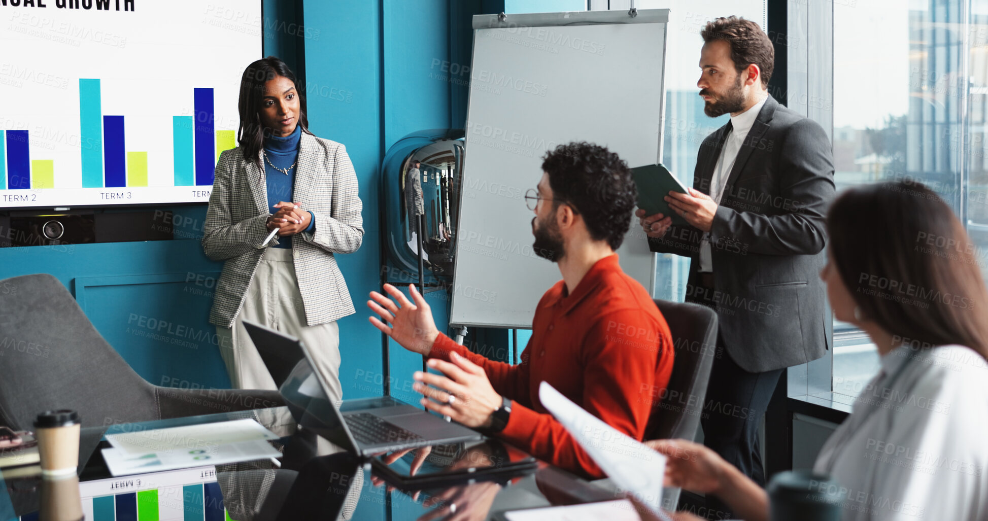 Buy stock photo Data, presentation and business woman with group in meeting, question and profit growth discussion. Finance, team and brainstorming in office, training and company operations manager with metrics