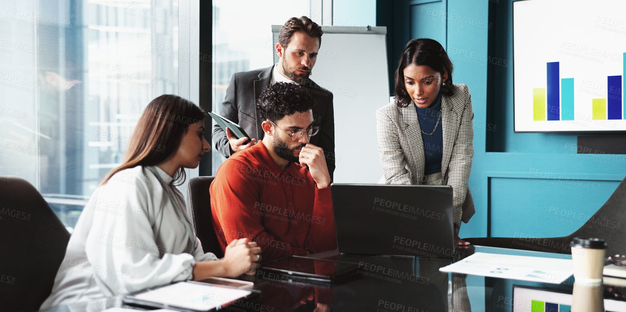 Buy stock photo Collaboration, business meeting and group with laptop, office and colleagues with stats for investment. Brainstorming, people and online for accounting in boardroom, corporate and teamwork with data