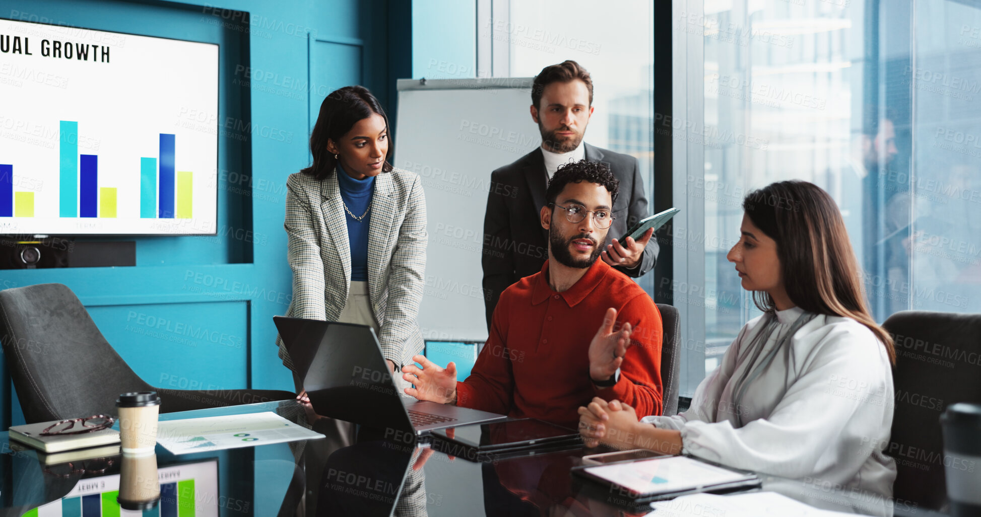 Buy stock photo Data, laptop and team of business people planning, meeting and profit growth discussion. Finance, group and brainstorming in office, training and operations manager coaching with performance metrics