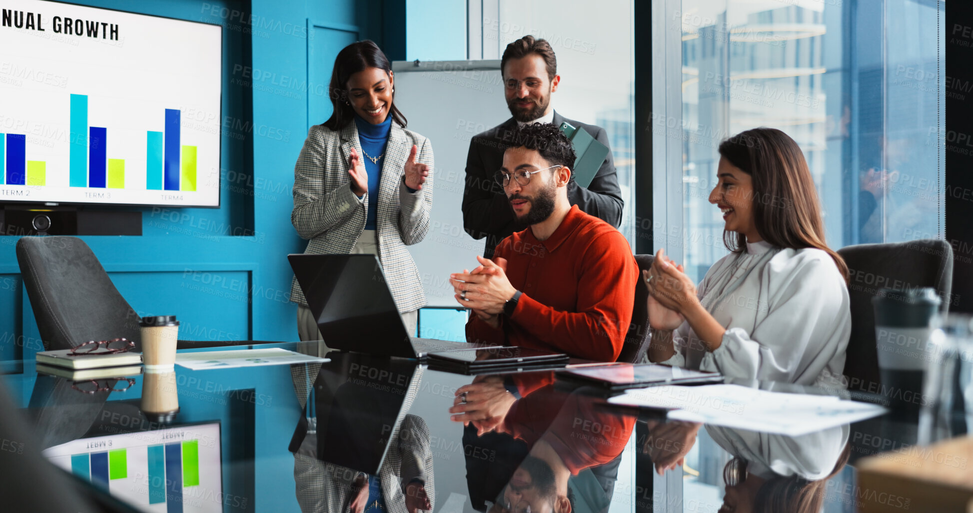 Buy stock photo Laptop, clapping or team of business people celebrate profit growth, performance data or goal achievement. Excited, finance or group in office with success, winning or investment target in hedge fund