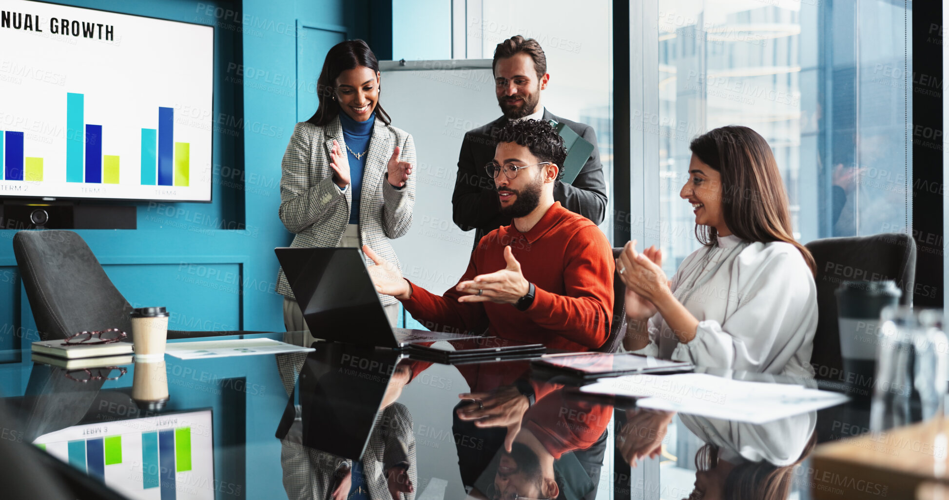 Buy stock photo Laptop, success or team of business people applause for profit growth, performance data and goal achievement. Excited, finance or group celebrate in office, winning or investment target in hedge fund