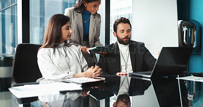 Buy stock photo Collaboration, corporate and group with laptop, office and colleagues with stats for investment. Brainstorming, people and online for accounting in boardroom, business meeting and teamwork with data