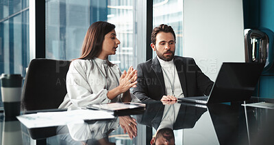 Buy stock photo Laptop, meeting and planning with business people in office of corporate company for strategy. Administration, collaboration or conversation with man and woman management team in workplace together